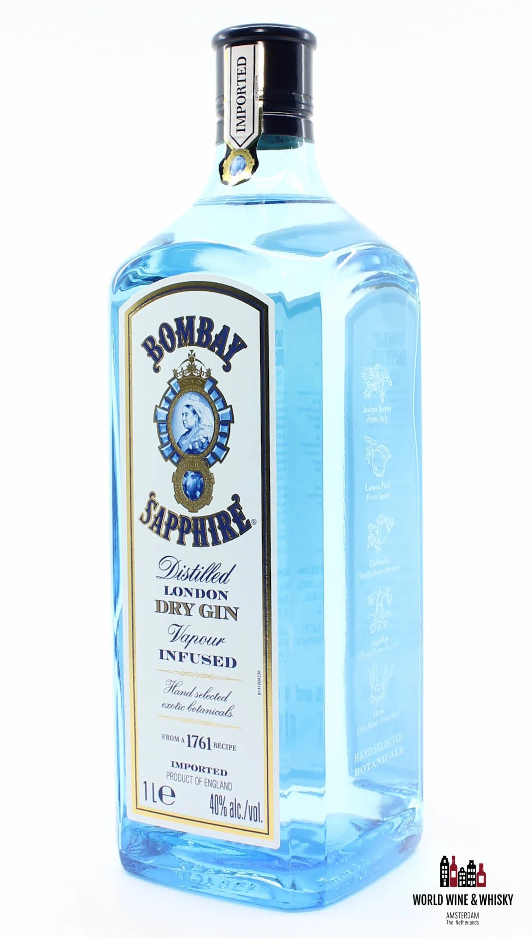 Paramount Bombay Sapphire London Dry Gin 1L bottle with distinctive blue glass and clear label, showcasing the gin inside.