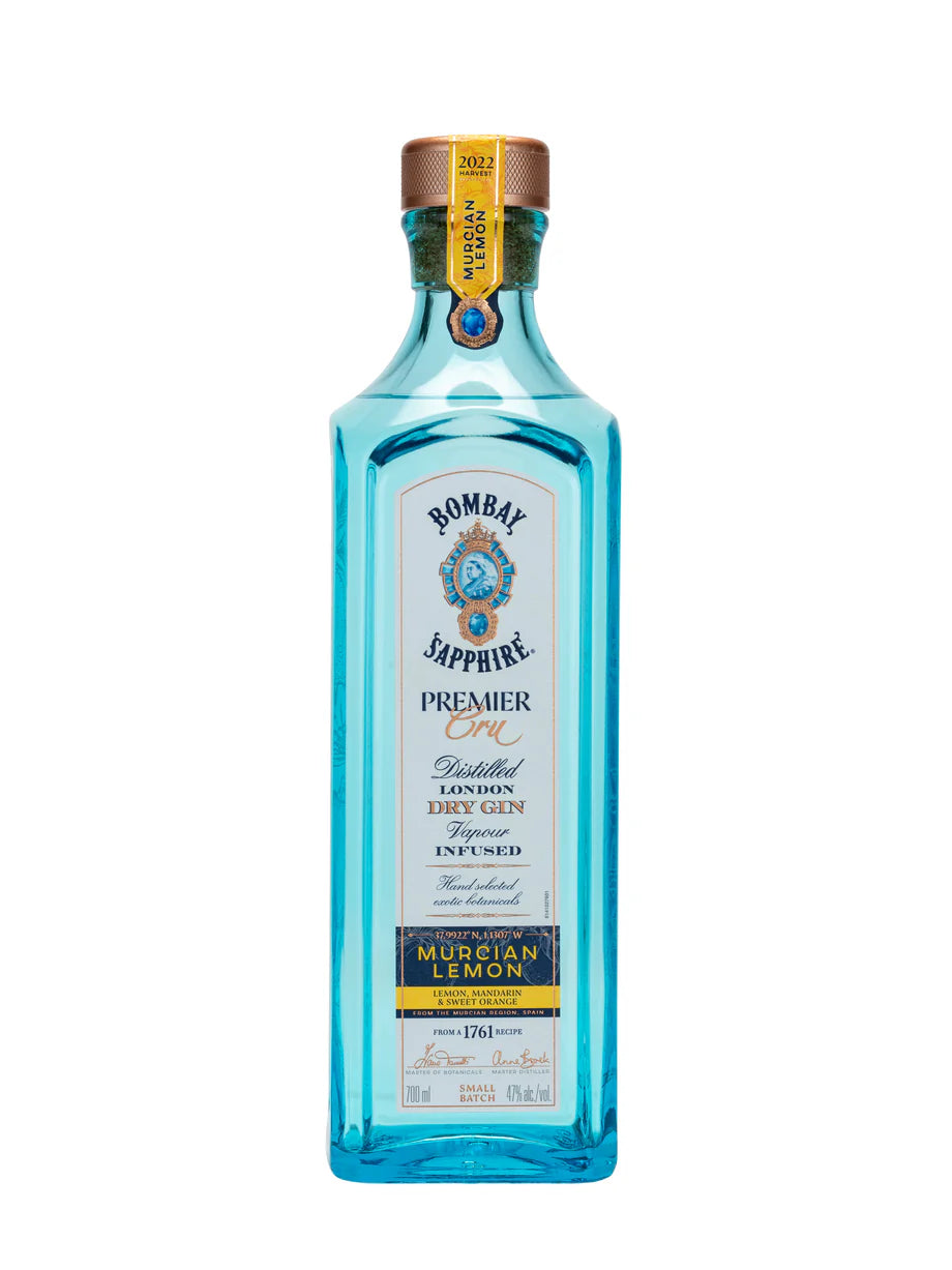 Paramount Bombay Sapphire Premier Cru Gin 700ml bottle with clear label and blue accents on a white background.