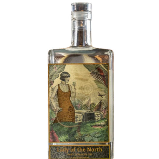 Darwin Distilling Co Lady Of The North Navy Strength Gin 500ml bottle with navy blue label and clear glass bottle.