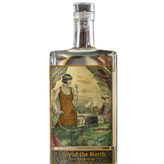 Darwin Distilling Co Lady Of The North Navy Strength Gin 500ml bottle with navy blue label and clear glass bottle.