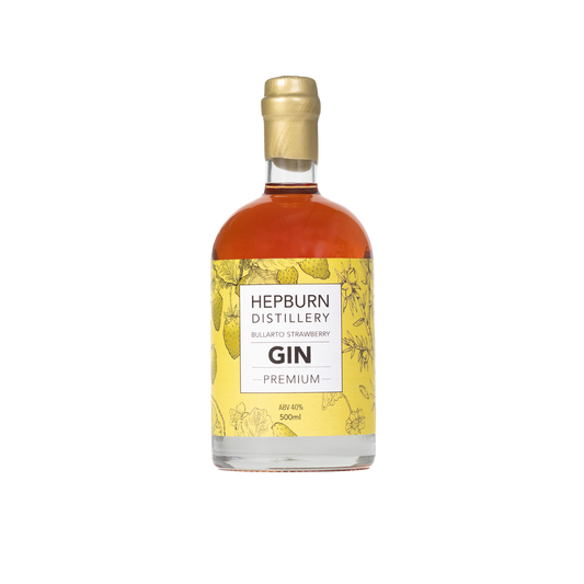 Paramount Hepburn Distillery Bullarto Strawberry Gin 500ml bottle with clear label and vibrant strawberry imagery.