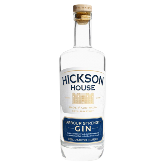 Miniature bottle of Paramount Hickson House Harbour Strength Gin, 50ml, showcasing the clear gin with a label featuring the brand and product name.