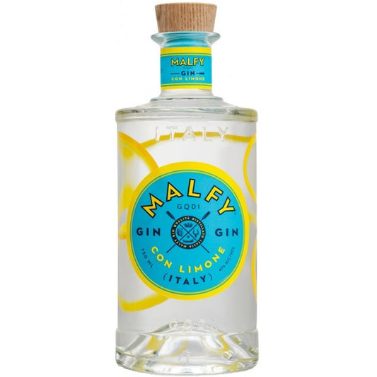 Bottle of Malfy Con Limone Gin by Paramount, 700ml, with a clear label and lemon imagery on the glass bottle.