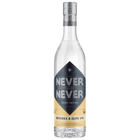 Paramount Never Distilling Co. Beeswax & Olive Gin 500ml bottle with clear label and embossed branding on the glass bottle.