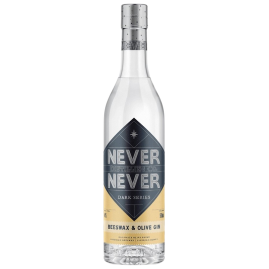 Paramount Never Distilling Co. Beeswax & Olive Gin 500ml bottle with clear label and embossed branding on the glass bottle.