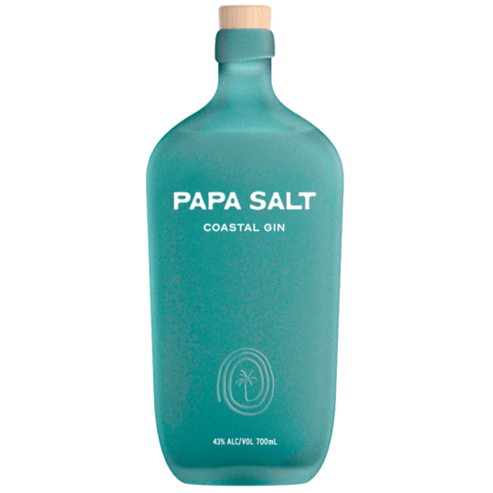 Bottle of Papa Salt Coastal Gin by Paramount, 700ml, with a sleek label and minimalist design on a wooden surface.
