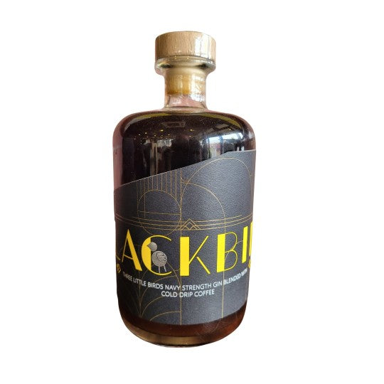 Paramount Three Little Birds Distillery Blackbird Coffee Gin 700ml bottle with label and dark glass, showcasing artisanal gin.