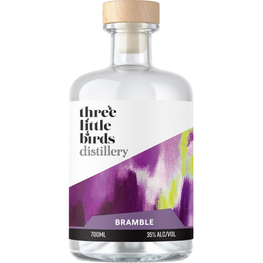 Bottle of Three Little Birds Distillery Bramble Gin by Paramount, 700ml, with a dark label and botanical illustrations.