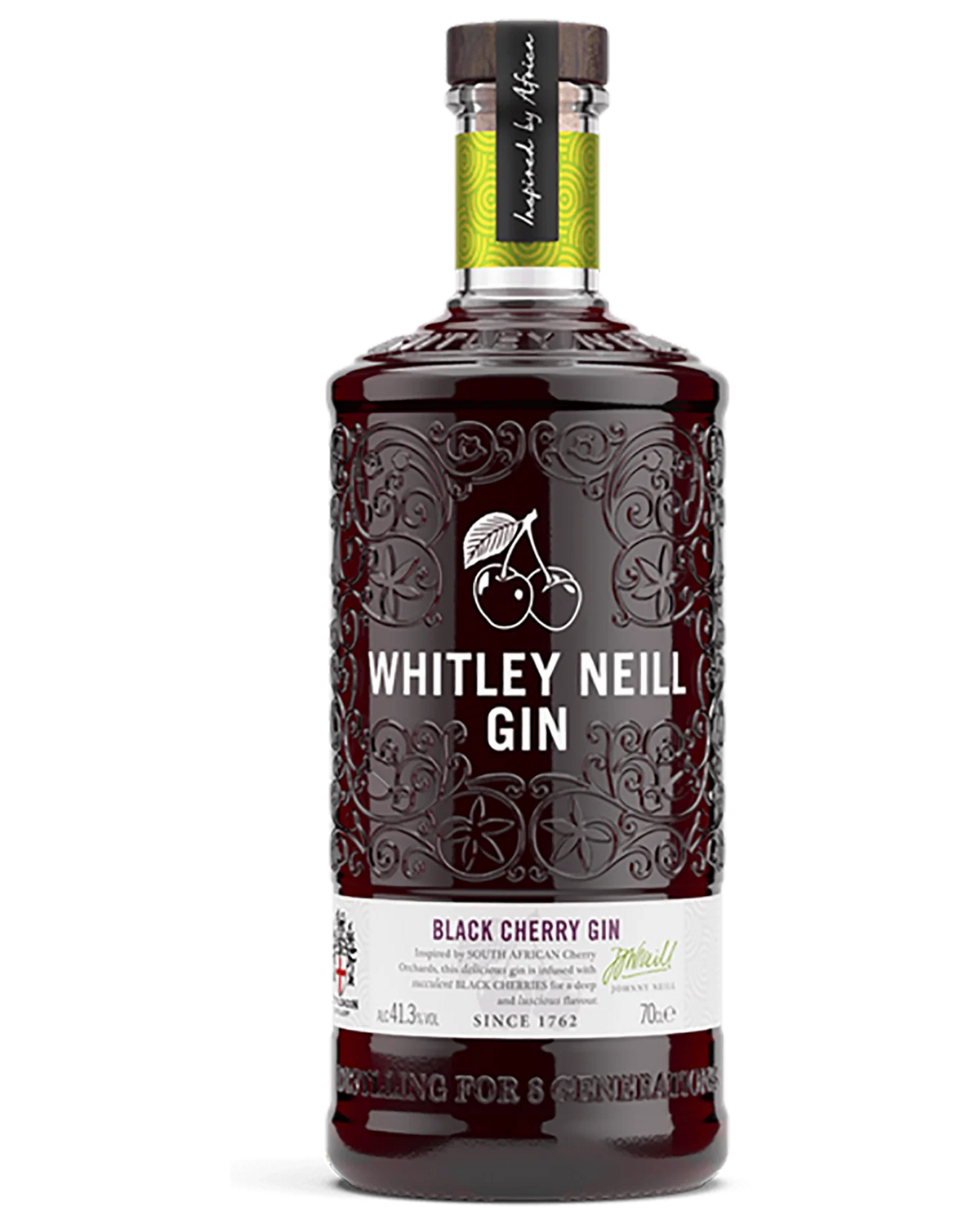 Whitley Neill New Black Cherry Gin 700ml bottle with dark cherry flavor and sleek black label, Paramount brand.