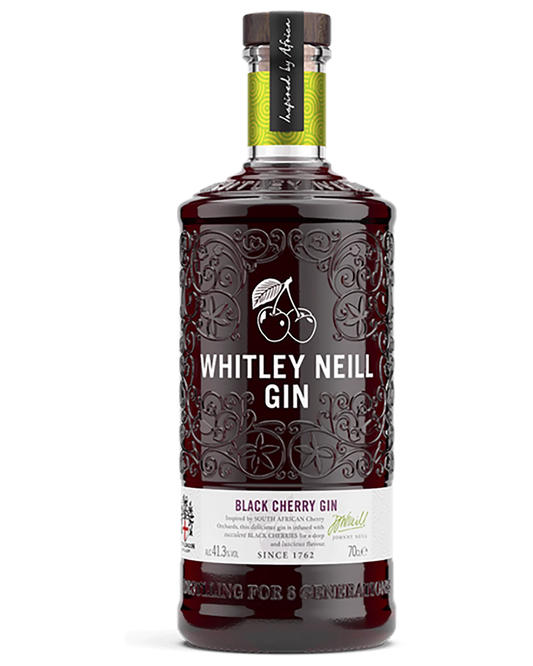 Whitley Neill New Black Cherry Gin 700ml bottle with dark cherry flavor and sleek black label, Paramount brand.