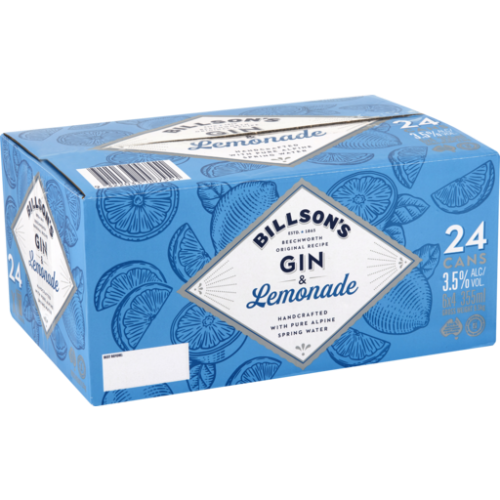Pack of 24 Paramount Billson's Gin & Lemonade premix cans, 355ml each, ready-to-drink gin and lemonade beverage.