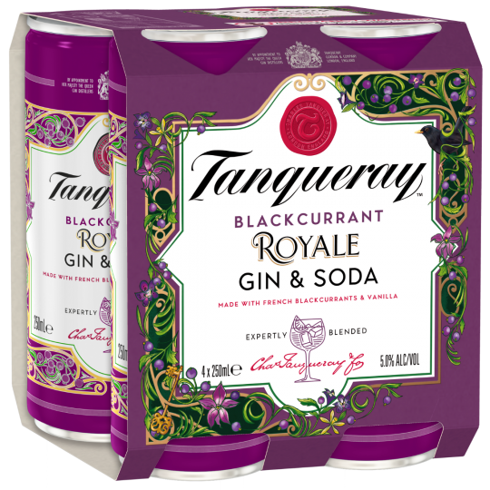 Paramount Tanqueray Royale Gin & Soda premix bottles, 275mL each, 24-pack, ready-to-drink gin soda mix with tanqueray branding.