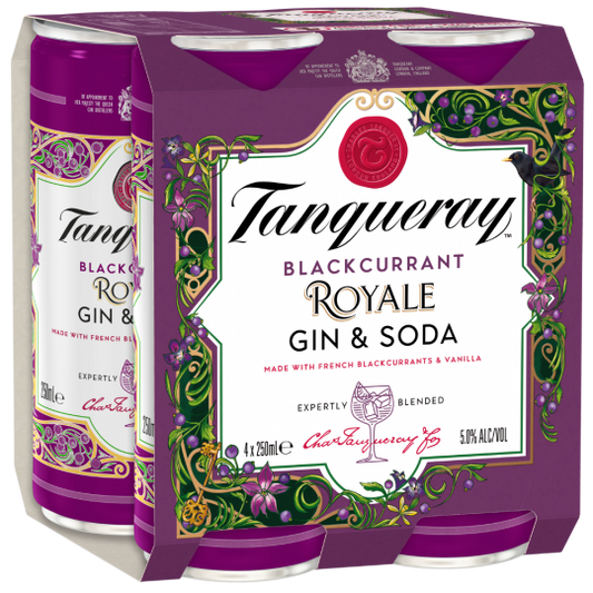Paramount Tanqueray Royale Gin & Soda premix bottles, 275mL each, 24-pack, ready-to-drink gin soda mix with tanqueray branding.