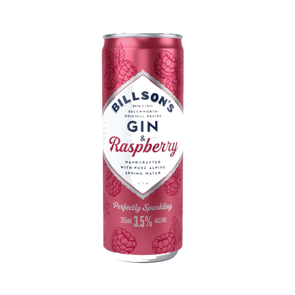 Paramount Billson's Gin & Raspberry canned beverage, 355ml per can, pack of 24, featuring gin and raspberry flavor.