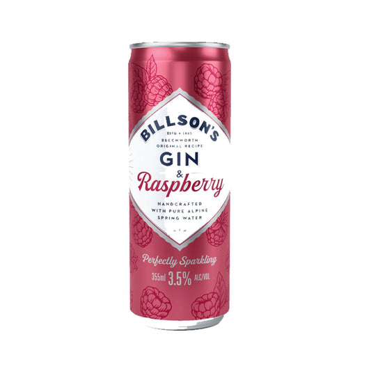 Paramount Billson's Gin & Raspberry canned beverage, 355ml per can, pack of 24, featuring gin and raspberry flavor.