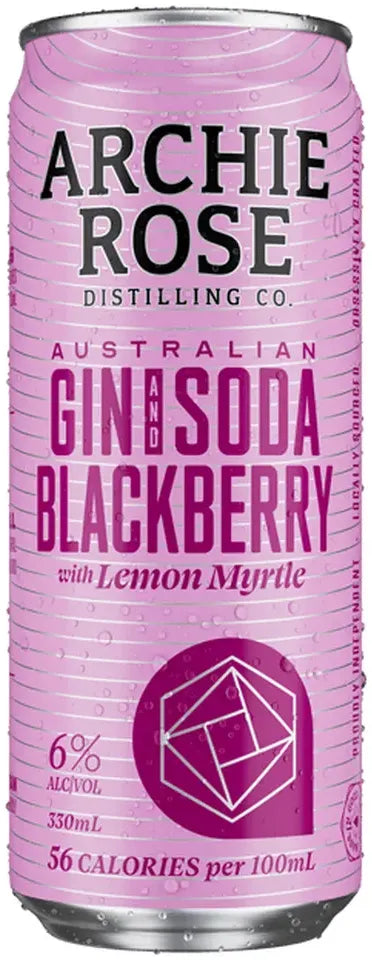 Paramount Archie Rose Straight Dry Gin & Blackberry Soda with Lemon Myrtle 330ml cans, 24-pack, featuring gin and soda beverages