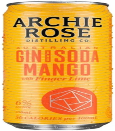 Paramount Archie Rose Straight Dry Gin and Mango Soda with Finger Lime in a 330ml bottle, featuring a clear glass with beverage and lime garnish.