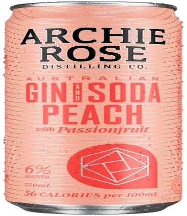 Paramount Archie Rose Straight Dry Gin & Peach Soda with Passionfruit in a 330ml bottle, displayed with fresh fruit garnish