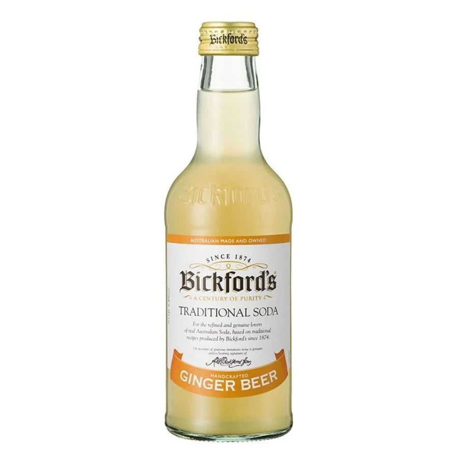 24-pack of Paramount Bickfords Traditional Ginger Beer bottles, 275ml each, showing the ginger beer with label and packaging.