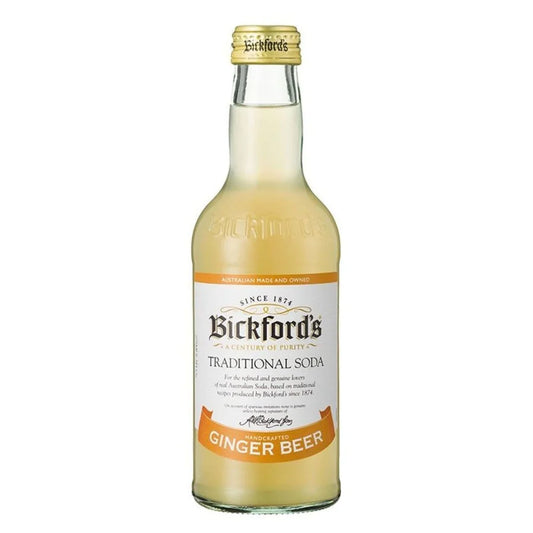 24-pack of Paramount Bickfords Traditional Ginger Beer bottles, 275ml each, showing the ginger beer with label and packaging.