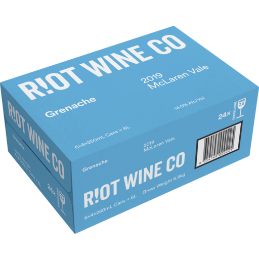 24-pack of Paramount Riot Wine Co Grenache Rose in 250ml cans, refreshing pink wine with vibrant color and crisp appearance.