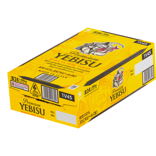 24-pack of Yebisu Premium International Beer cans, 350mL each, by Paramount, with golden label and branding visible.