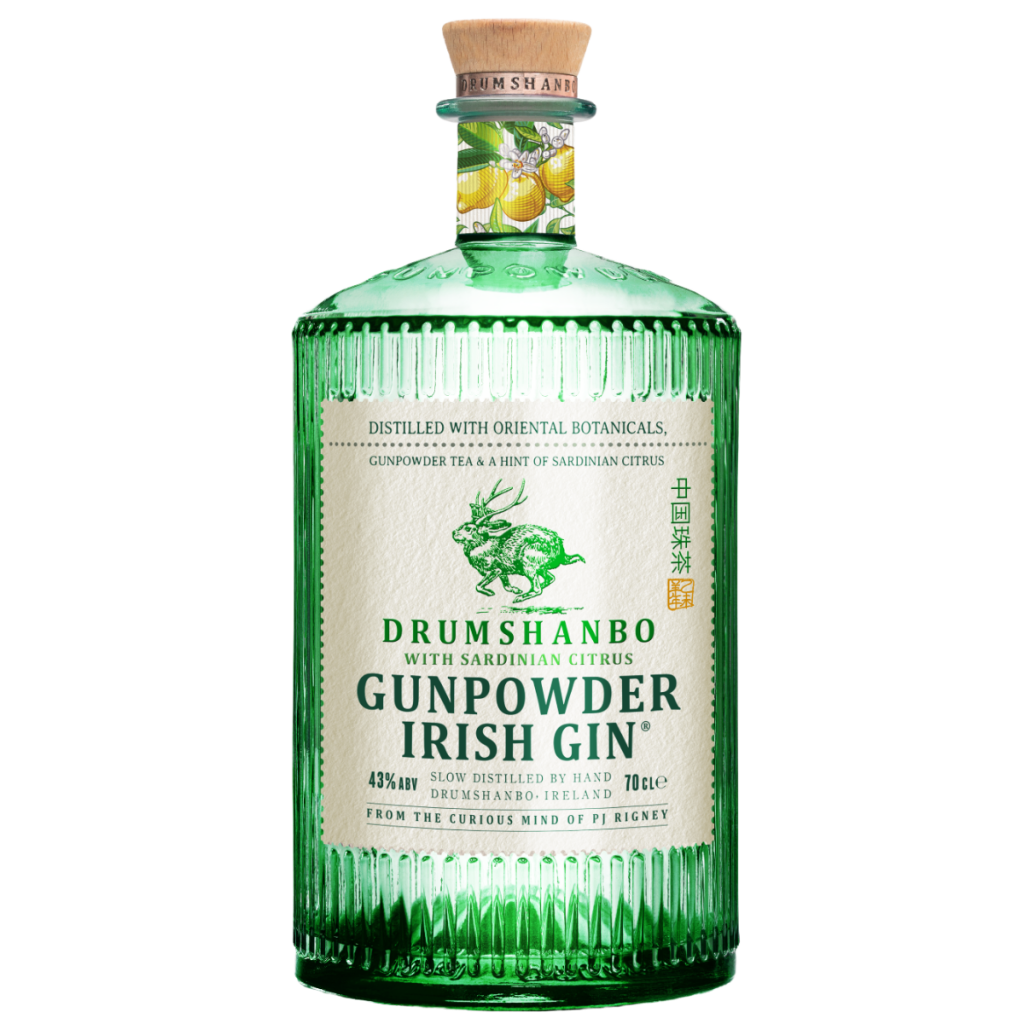 Bottle of Drumshanbo Gunpowder Irish Citrus Gin by Paramount, 700ml, featuring a distinctive label on an elegant glass bottle.