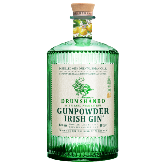 Bottle of Drumshanbo Gunpowder Irish Citrus Gin by Paramount, 700ml, featuring a distinctive label on an elegant glass bottle.