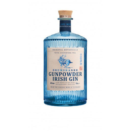 Bottle of Drumshanbo Gunpowder Irish Gin by Paramount, 700mL, showcasing the distinctive label and clear glass bottle.