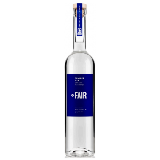 Fair Juniper Organic Gin by Paramount, 700ml bottle featuring clear glass and elegant label with juniper berry illustrations.