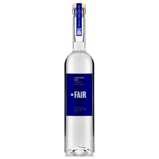Fair Juniper Organic Gin by Paramount, 700ml bottle featuring clear glass and elegant label with juniper berry illustrations.