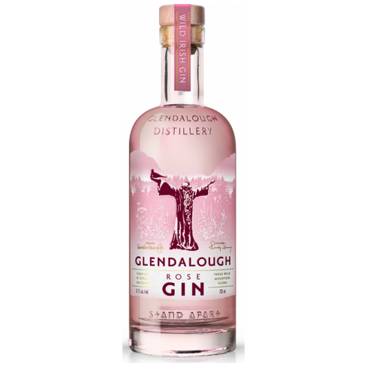 Paramount Glendalough Rose Gin 700ml bottle with pink hue and floral label, showcasing elegant packaging of Irish international gin