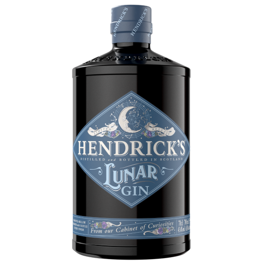 Hendrick's Lunar Gin 700ml bottle, international gin by Paramount, with distinctive lunar-themed label and dark glass bottle.