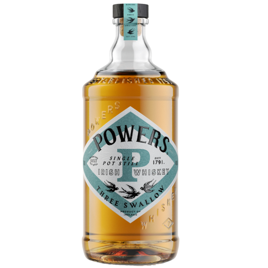 Bottle of Powers Three Swallows Irish Whiskey, 700ml, with distinctive label and packaging from Paramount Irish Whiskey brand.