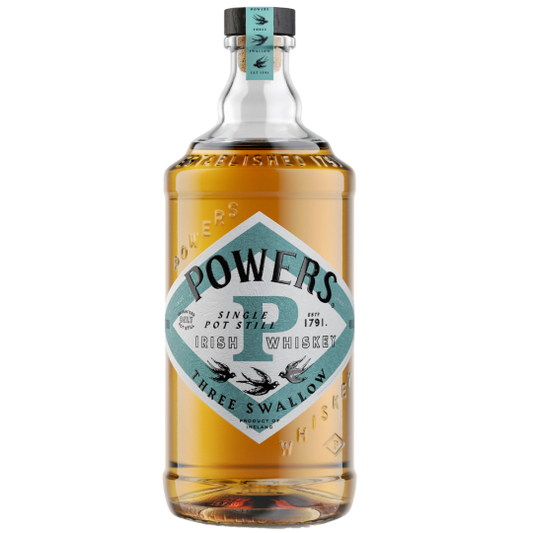 Bottle of Powers Three Swallows Irish Whiskey, 700ml, with distinctive label and packaging from Paramount Irish Whiskey brand.