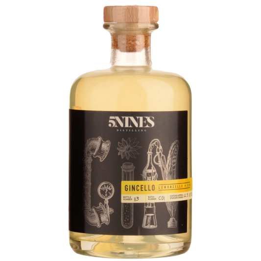 Paramount 5 Nines Distillers Release Gincello, a 500ml limoncello bottle with bright yellow color and label details.