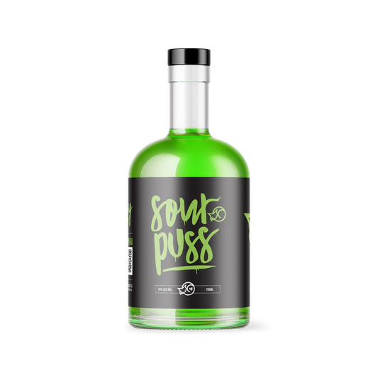 Bottle of Paramount Sour Puss Apple liqueur, 700ml, with vibrant green label and clear glass showcasing the apple-flavored spirit.