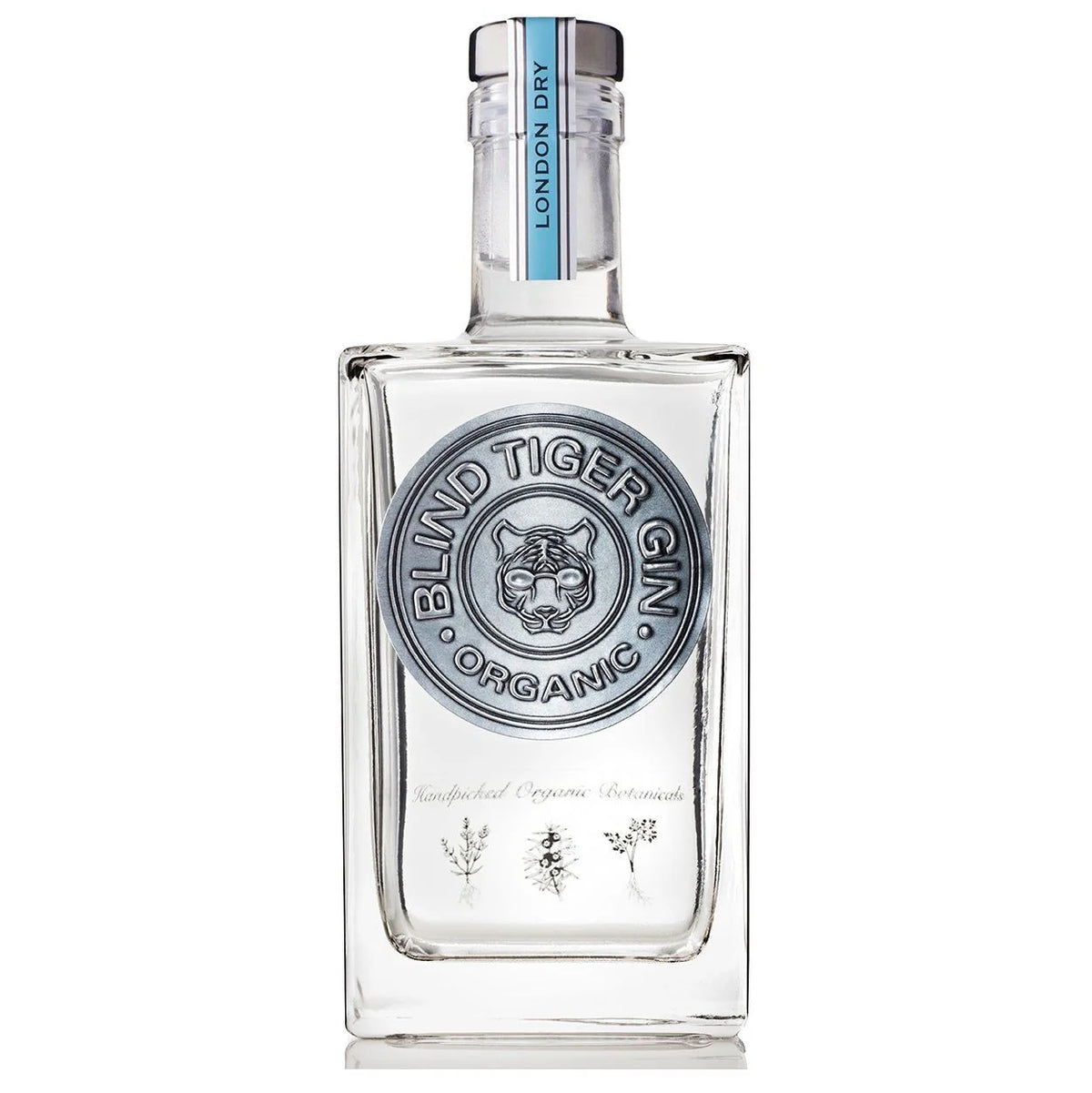 Bottle of Blind Tiger Organic London Dry Gin by Paramount, 700ml, with clear label and dark blue cap.