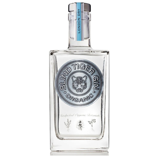 Bottle of Blind Tiger Organic London Dry Gin by Paramount, 700ml, with clear label and dark blue cap.