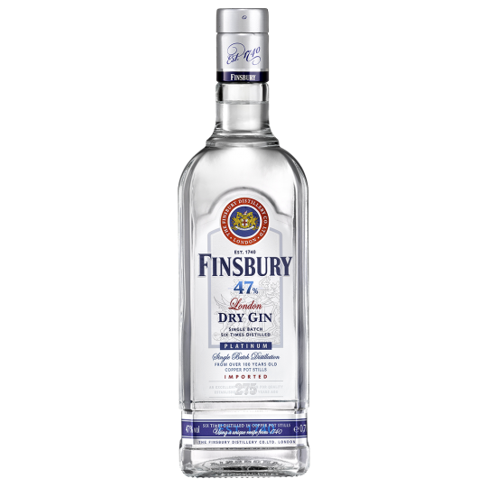 Finsbury Platinum London Dry Gin 700ml bottle with clear label and gold accents, displayed upright on a plain background.
