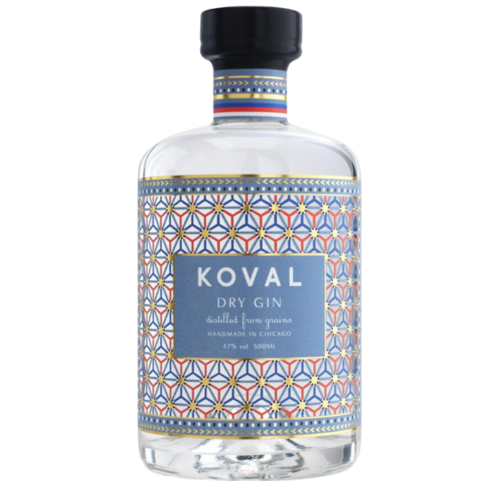 Bottle of Paramount Koval Organic Dry Gin, 500ml London Dry Gin with clear glass and label featuring botanical illustrations.