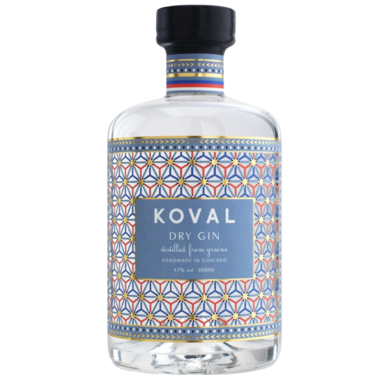 Bottle of Paramount Koval Organic Dry Gin, 500ml London Dry Gin with clear glass and label featuring botanical illustrations.