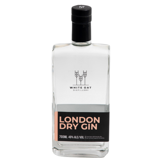 White Oat Distillery London Dry Gin by Paramount in a 700mL bottle, showcasing the clear gin inside.