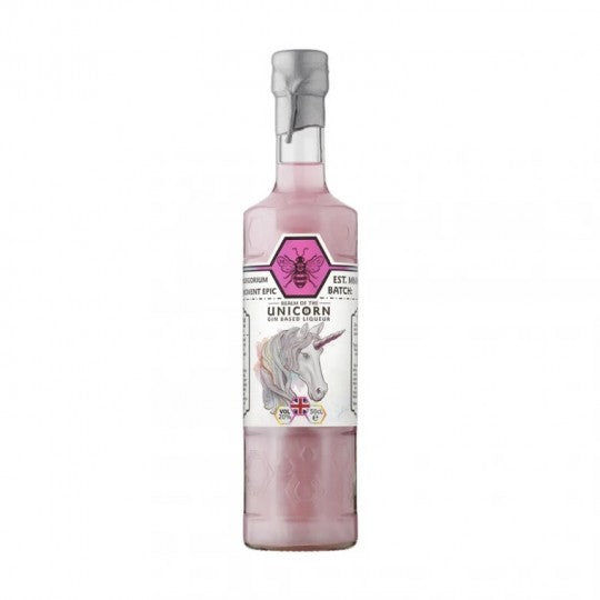 Paramount Marshmallow Unicorn Gin Liqueur bottle from Zymurgorium, 500mL, with colorful unicorn-themed label and packaging.