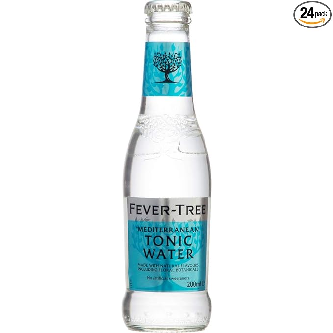 Paramount Fever-Tree Mediterranean Tonic Water 200mL bottles, pack of 24, showcasing the sleek glass bottles and vibrant label design.