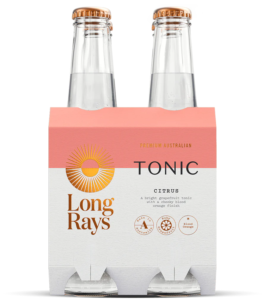 Pack of 24 Paramount Long Rays Pacific Tonic mixers in 275ml bottles, ideal for cocktails and beverages.