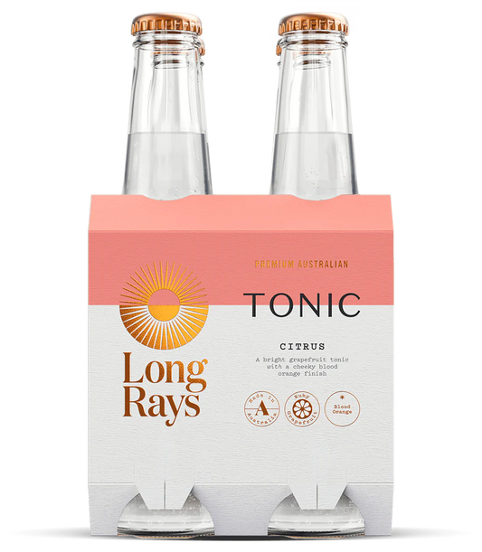 Pack of 24 Paramount Long Rays Pacific Tonic mixers in 275ml bottles, ideal for cocktails and beverages.
