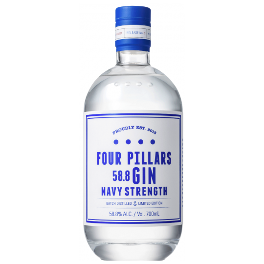 Bottle of Four Pillars Navy Strength Gin by Paramount, 700ml, with navy-themed label and clear glass showcasing the gin inside.