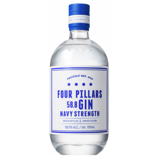 Bottle of Four Pillars Navy Strength Gin by Paramount, 700ml, with navy-themed label and clear glass showcasing the gin inside.