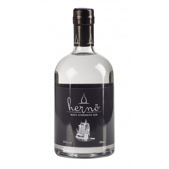 Bottle of Paramount Herno Gin Navy Strength, 500ml, with navy blue label and clear glass showcasing the premium navy strength gin.